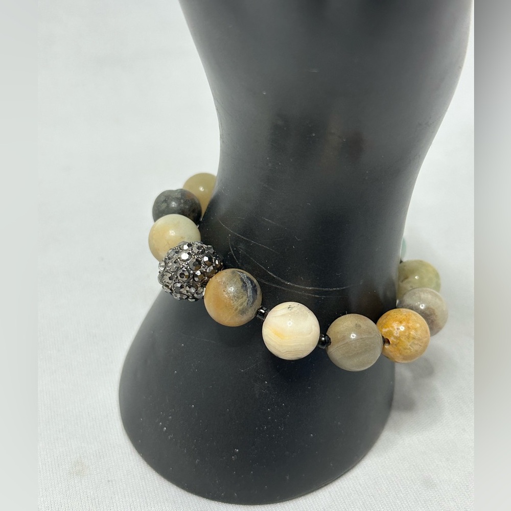 Amazonite 12mm bead stretch bracelet with hematite rhinestone accent bead
